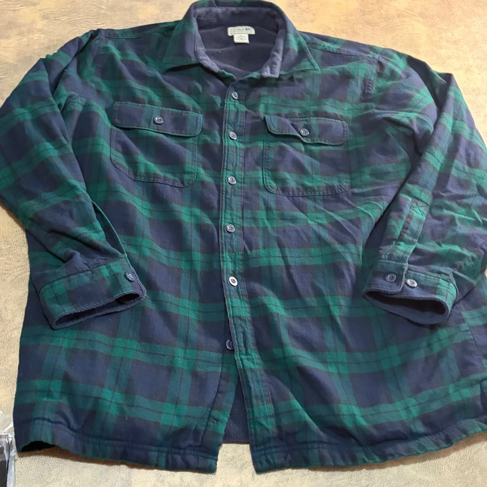 LL Bean Flannel Shirt Jacket XL Green Black Watch Plaid Fleece Lined Shacket